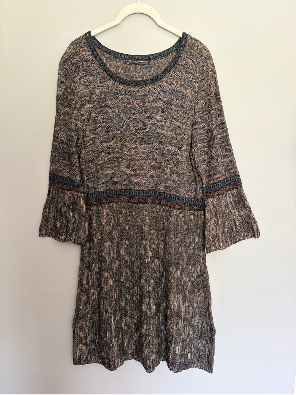 PERUVIAN CONNECTION Knit Sweater Dress Size L 3/4 Bell Sleeve 100% Pima Cotton
